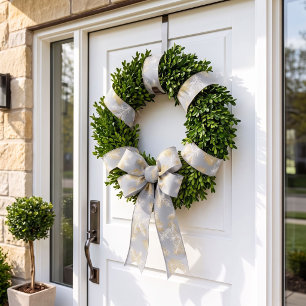 Goud Witte Moderne Elegante Botanische Kerstmis Grosgrain Lint