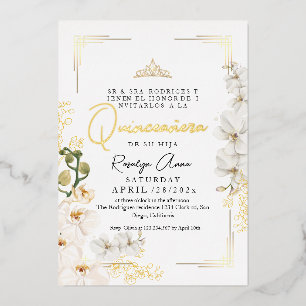 Goud Witte Orchideeën Prinses Tiara Quinceañera Folie Uitnodiging