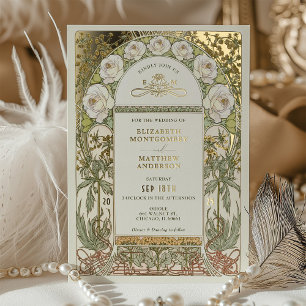 Goud Witte Rozen Vintage Trouw Art Nouveau Folie Uitnodiging