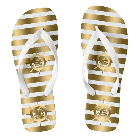 Goud & witte strepen met nautische bootwiel teenslippers (Voetbed)