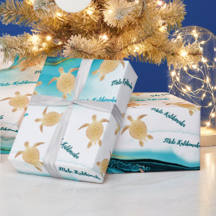 Goud Zee Turtles Ink Turquoise Mele Kalikimaka Cadeaupapier