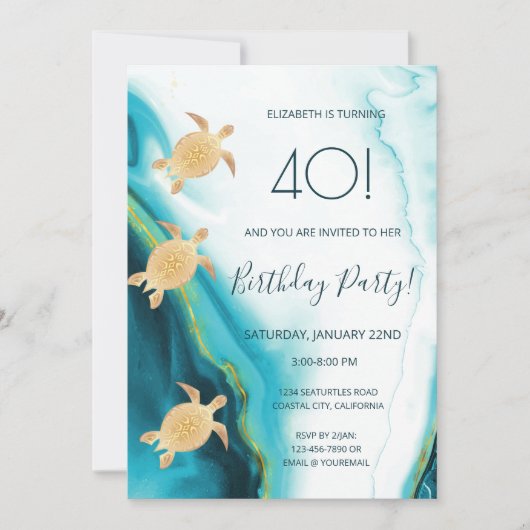 Goud Zee Turtles Maritime Kustuitnodiging Kaart (Voorkant)