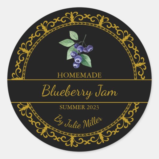  Goud Zelfgemaakte Blueberry Jam Label | Zwart (Voorkant)