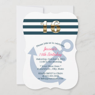 Goud zestien Nautical Stripes Sweet 16 Kaart