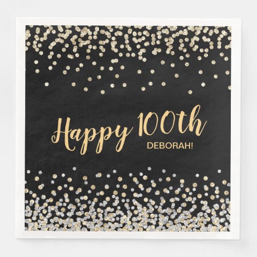 Goud Zilver Confetti 100ste Verjaardagsfeest Servet (Voorkant)