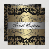 Goud & Zilver Damask Sweet 16 Verjaardag Uitnodigi Kaart (Voorkant / Achterkant)