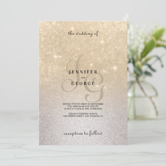 Goud zilver monogram initiaal ombre glitter bruilo kaart (Staand voorkant)