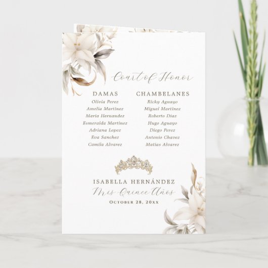Goud Zilver Witte Bloemen Gevouwen Quinceañera Programma (Achterkant)