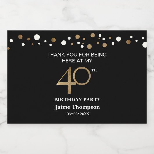 Goud zwart 40e verjaardag thema confetti dank u sparkling wijnetiket (Enkel label)