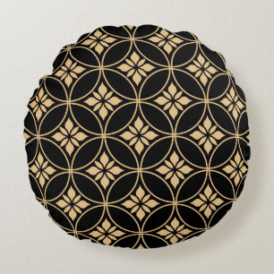 Goud & Zwart: Abstract bloemig Vintage Rond Kussen