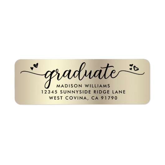 Goud Zwart Afstuderen Script Hearts Modern Adres Etiket (Voorkant)