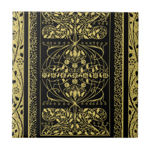 Goud & Zwart Art Deco Bloemen Swirl Tegeltje