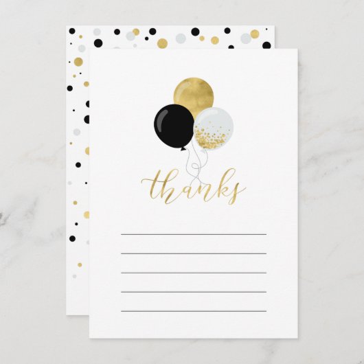 Goud & Zwart Ballonpartij Dank u Nota Kaart (Voorkant / Achterkant)