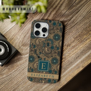 Goud Zwart Blauwgroen Blauw Paisley Patroon iPhone 15 Pro Max Hoesje
