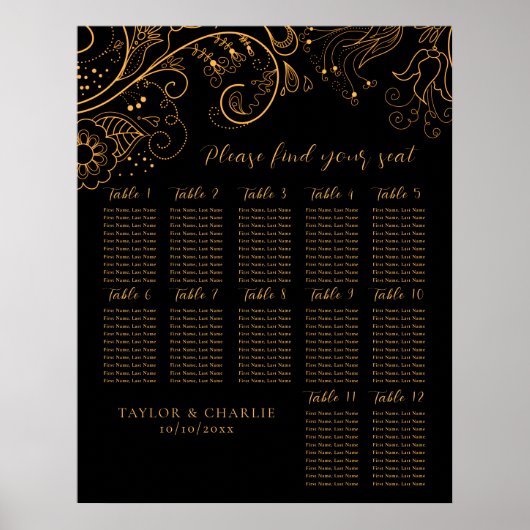 Goud Zwart Bloemen Bruiloft 12 Tafels Zitkaarten Poster (Voorkant)