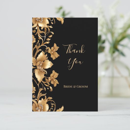 Goud Zwart Bloemen Dankjewel Kaart (Staand voorkant)