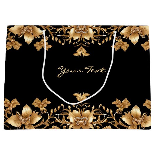 Goud Zwart Bloemen Geschenktas Groot Cadeauzakje (Voorkant)