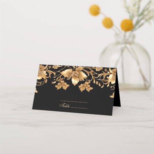Goud Zwart  Bloemen Place Card (Voorkant)