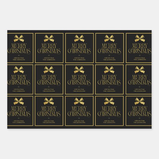 Goud & Zwart Bow Custom Familienaam Kerstmis Inpakpapier Vel (Voorkant 2)