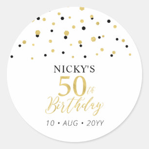 Goud & Zwart Confetti 50e Verjaardagsfeestje Ronde Sticker