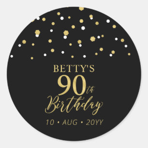 Goud & Zwart Confetti 90ste Verjaardagsfeestje Ronde Sticker