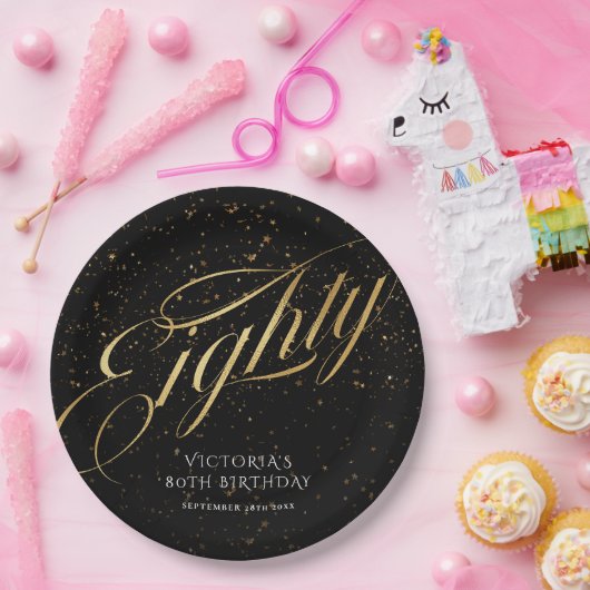 Goud Zwart Confetti Glitter 80e Verjaardag Papieren Bordje (Feest)