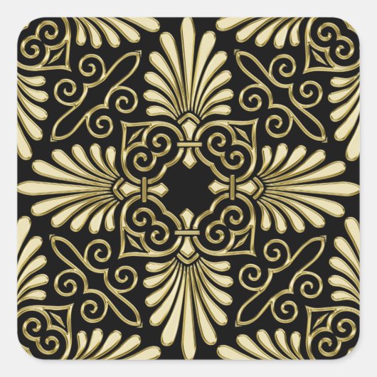  Goud Zwart Damask Art Deco Fan Vierkante Sticker (Voorkant)