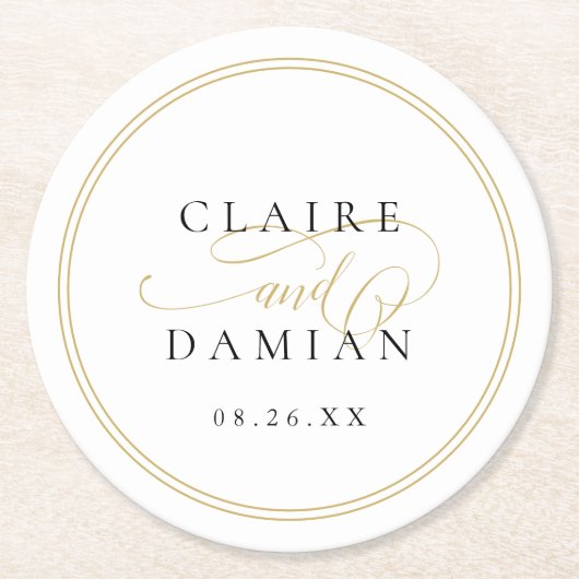 Goud Zwart Eenvoudige Elegantie Romantisch Script Ronde Kartonnen Onderzetter (Voorkant)