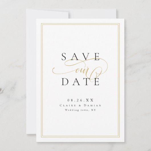Goud Zwart Eenvoudige Elegantie Romantisch Script  Save The Date (Voorkant)