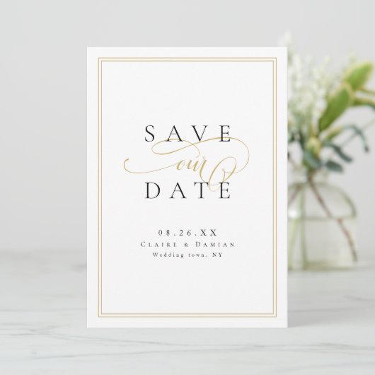 Goud Zwart Eenvoudige Elegantie Romantisch Script  Save The Date (Staand voorkant)