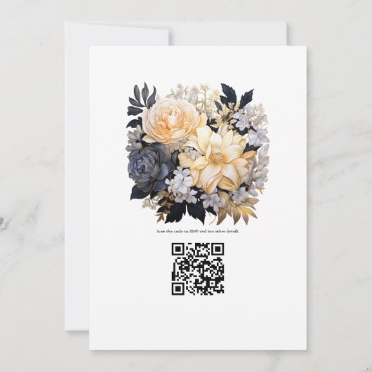 Goud, Zwart en Wit Bloemen Winter Bruiloft Kaart (Achterkant)