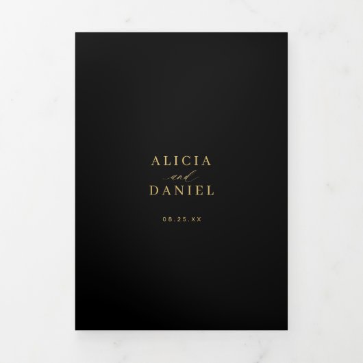 Goud zwart foto bruiloft RSVP details QR code Drieluik Uitnodiging (Cover)