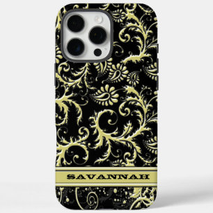 Goud & Zwart Gepersonaliseerde Damask iPhone Hoesj 16 Pro Max Hoesje