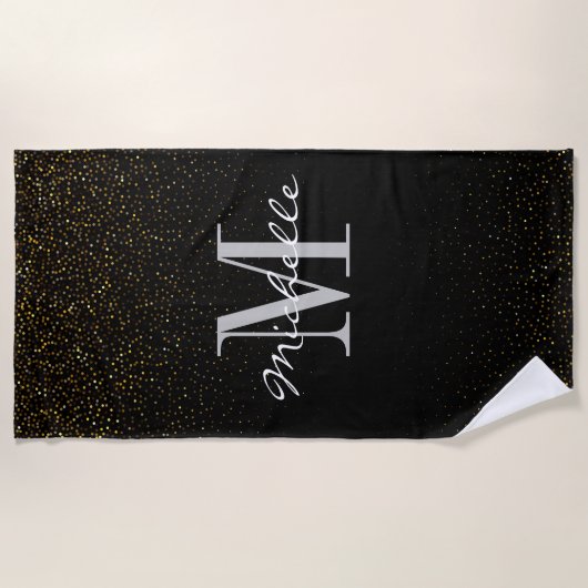 Goud & Zwart Glitter Custom Monogram Voornaam Strandlaken (Voorkant)