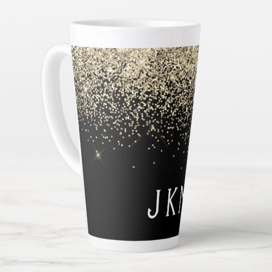 Goud Zwart Glitter Monogram Meisjesachtige Initial Latte Mok (Linkerhoek)