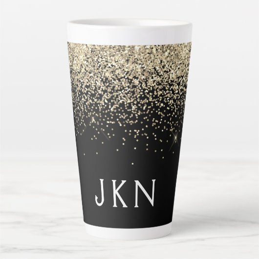 Goud Zwart Glitter Monogram Meisjesachtige Initial Latte Mok (Voorkant)