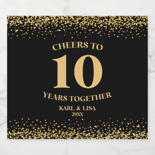 Goud Zwart Glitter Proost 10 jaar Jubileum Likeurfles Etiket (Enkel label)