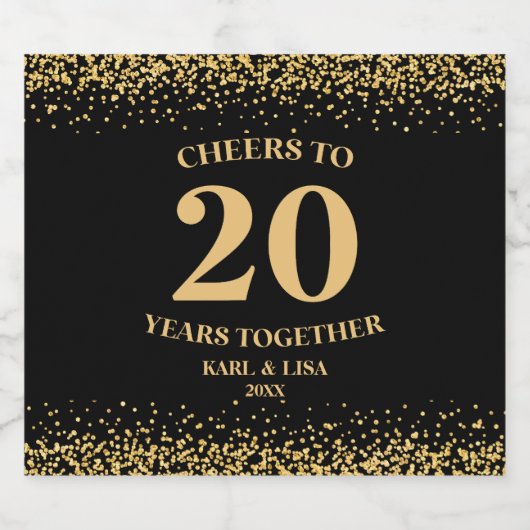 Goud Zwart Glitter Proost 20 jaar Jubileum Sparkling Wijnetiket (Enkel label)