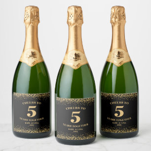Goud Zwart Glitter Proost tot 5 jaar Jubileum Sparkling Wijnetiket