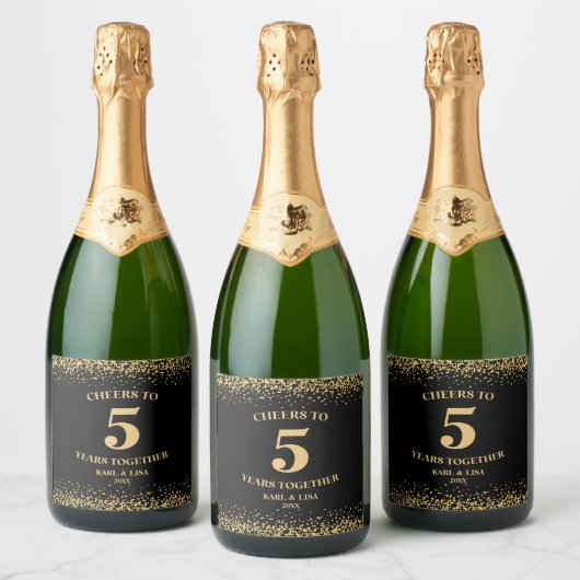 Goud Zwart Glitter Proost tot 5 jaar Jubileum Sparkling Wijnetiket (Flessen)