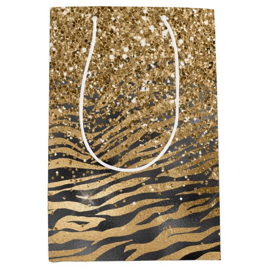 Goud Zwart Glitzy Glitter Sparkle Zebra Print Medium Cadeauzakje (Voorkant)