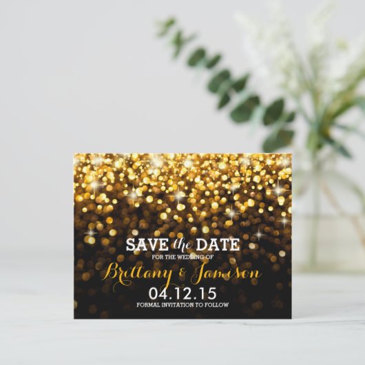 Goud Zwart Hollywood Glitz Glam Save the Date Aankondigingskaart (Staand voorkant)