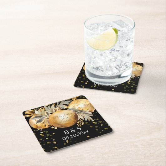 Goud Zwart Kerstmis Bruiloft Vierkante Kartonnen Onderzetter (Insitu)