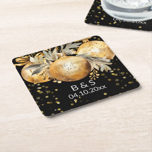 Goud Zwart Kerstmis Bruiloft Vierkante Kartonnen Onderzetter (Schuin)