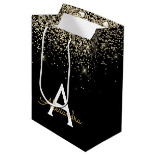 Goud Zwart Luxe Glitter Glans Monogram Medium Cadeauzakje