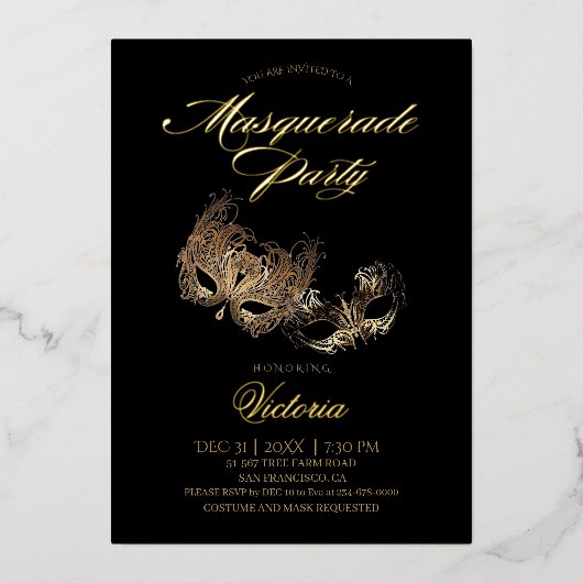 Goud Zwart Maskerade Feest Folie Uitnodiging (Voorkant)