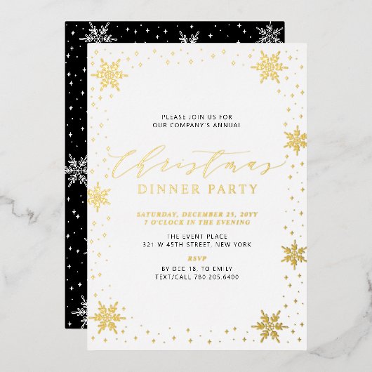 Goud & Zwart Modern Kerstmis Vakantie Diner Party Folie Uitnodiging (Voorkant / Achterkant)
