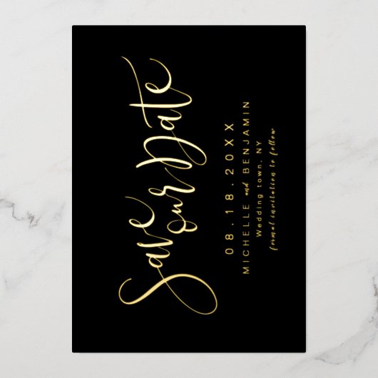 Goud Zwart Modern Script Eenvoudig De datum opslaa Folie Uitnodiging (Voorkant)