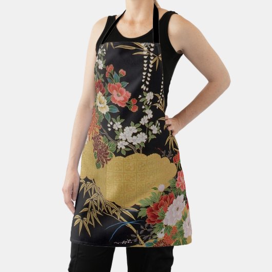 Goud Zwart Oosters Japans Kimono Bloemen Keuken Schort (Insitu)