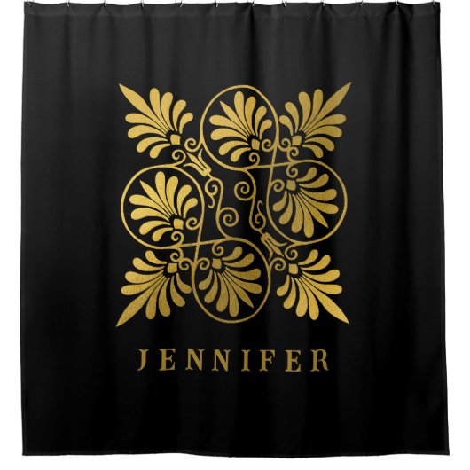 Goud Zwart Oud Grieks Meander Monogram Douchegordijn (Voorkant)
